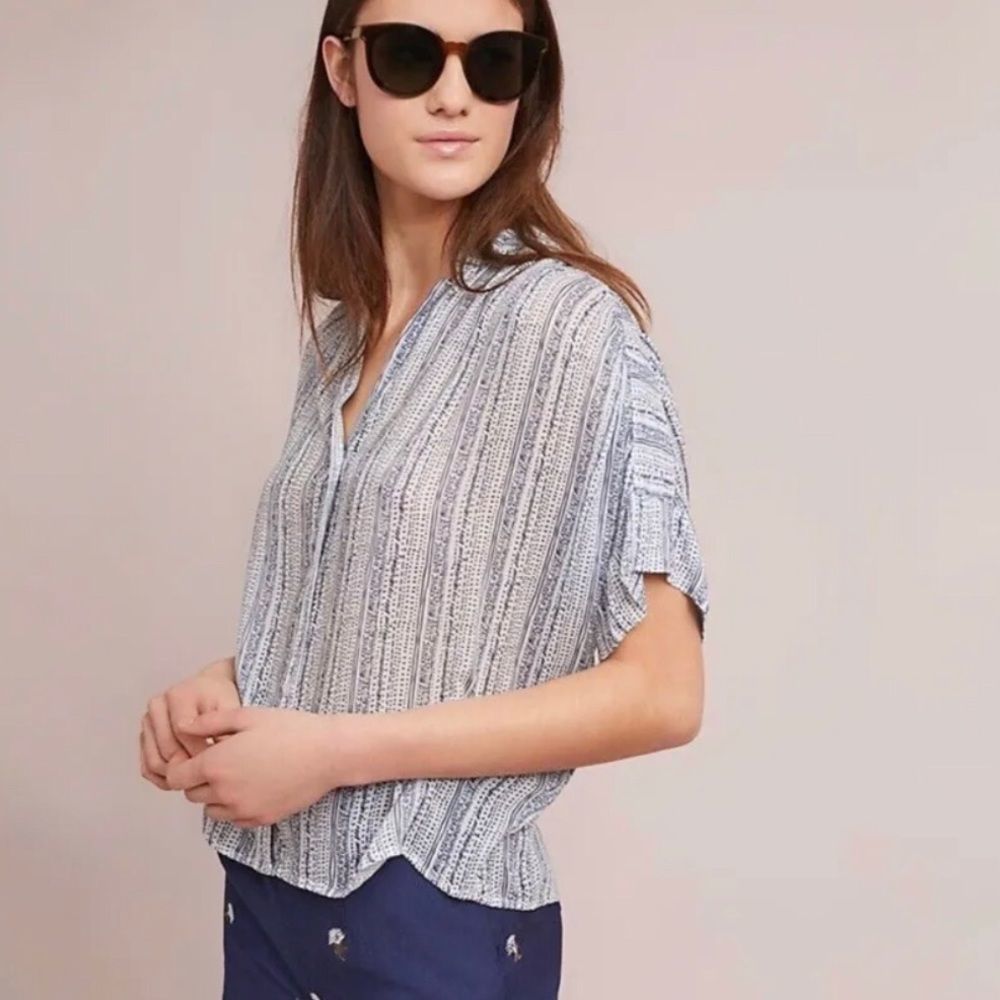 Cloth & Stone Blue White Print Short Sleeve Oversized Button Down Shirt Size S